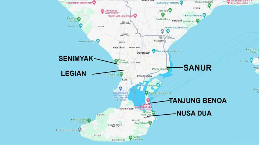 Legian, Seminyak, Nusa Dua, Tanjung Benoa, & Sanur area (ZONA 02)